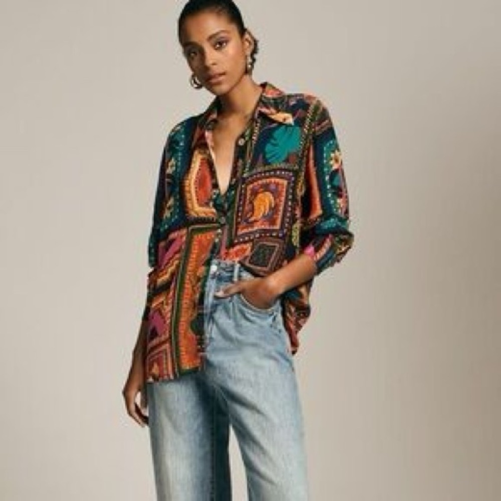Rachel Zoe Colorful Patchwork Button Down Shirt, Size Medium